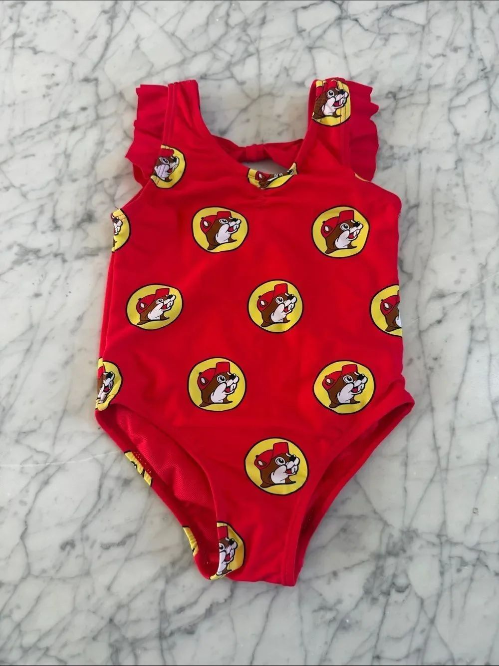 Buc-ees Sz 2T One Piece Girl Swimsuit Beaver Logo Red Yellow Polka Dots NWOT